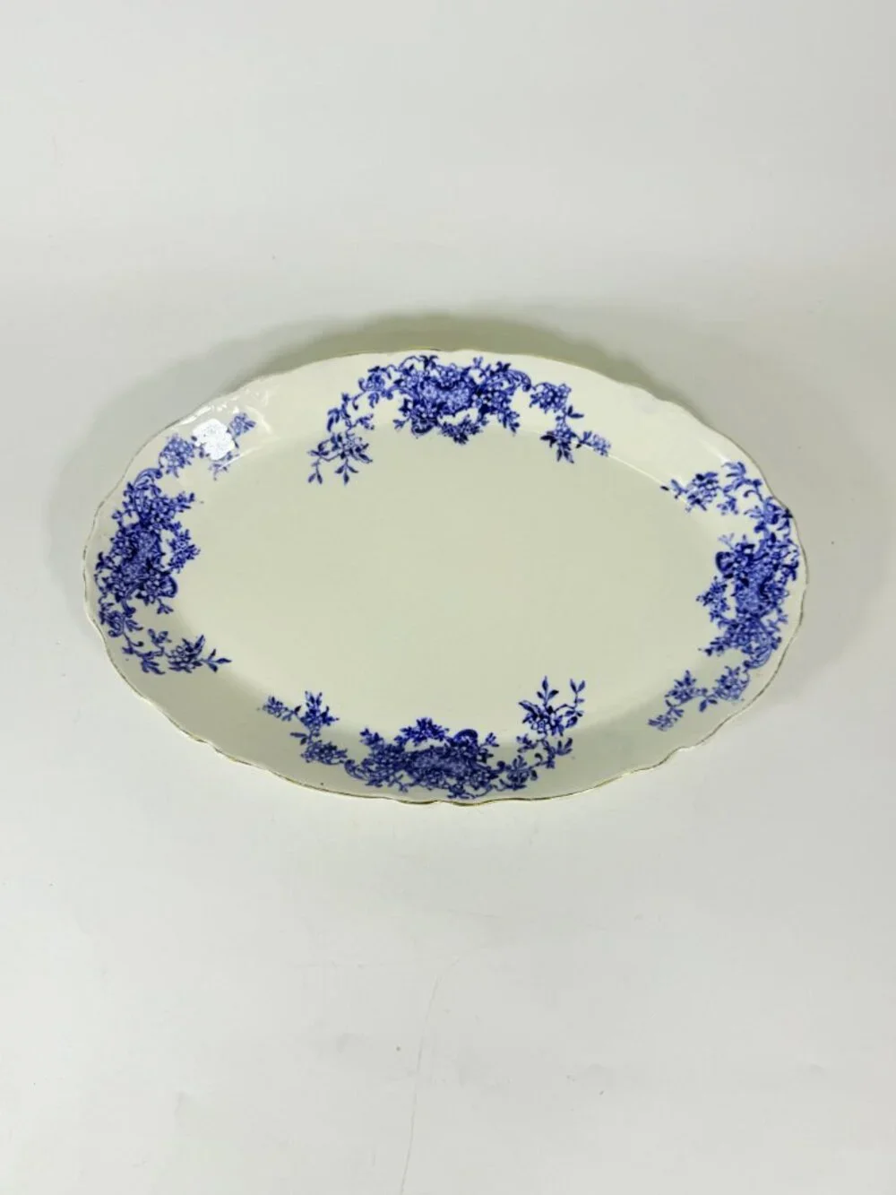 Transferware Rimmed Serving Platter Flow Blue Cresent Utophia Alpha Blue and Whi